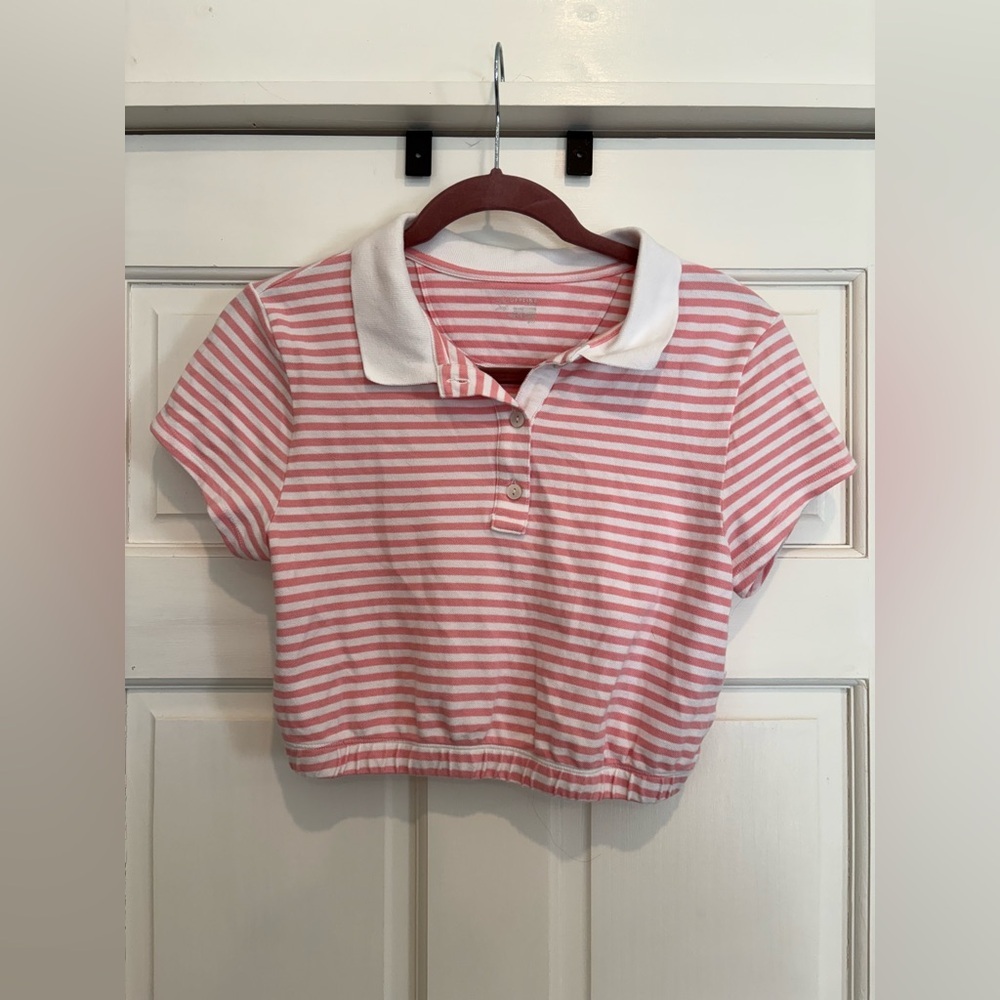 Aerie Offline Cropped Striped Collared Pink and White Shirt Golf Tennis